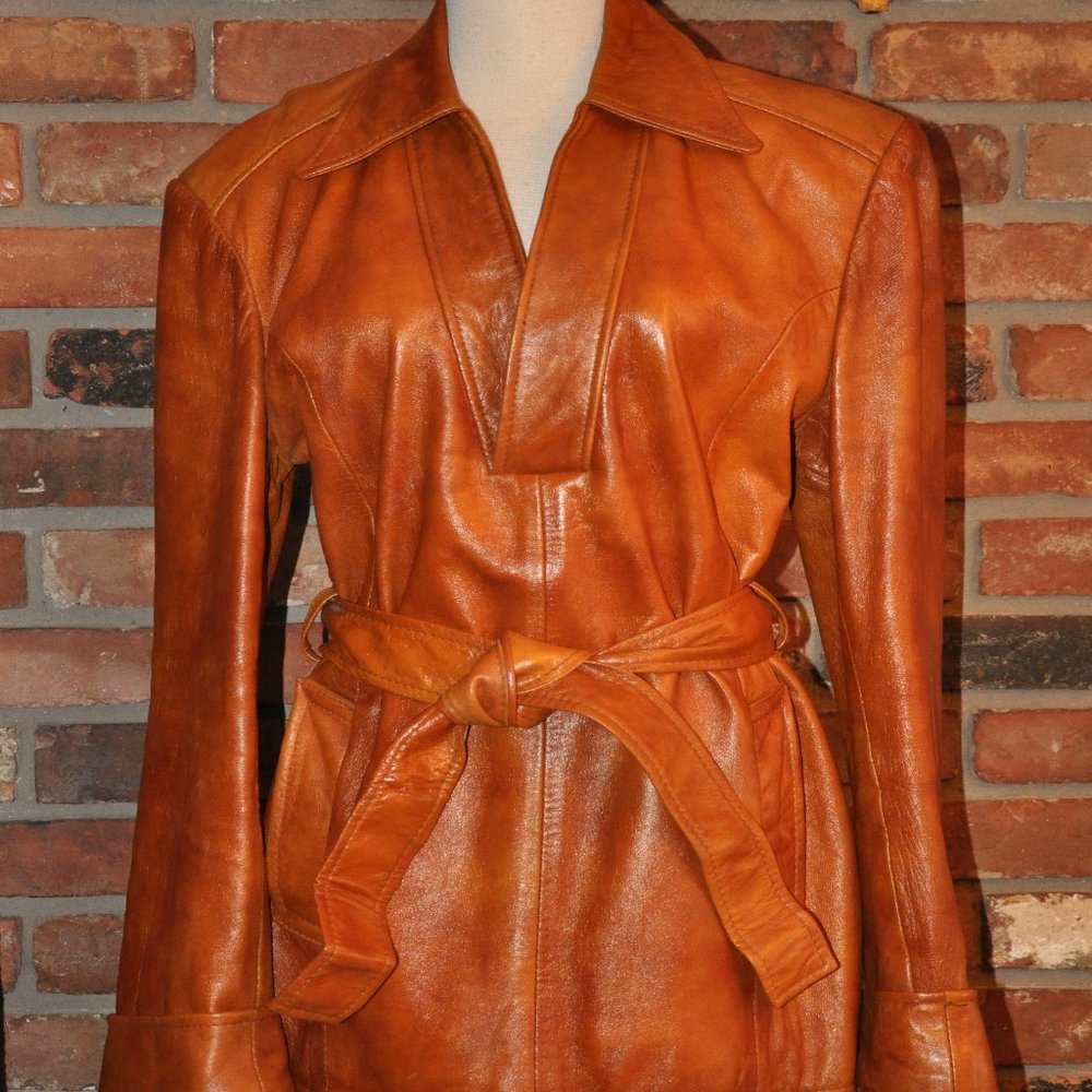 Vintage 70s NETO TAN Leather PULLOVER Belted Jacket Western Coat L Unisex